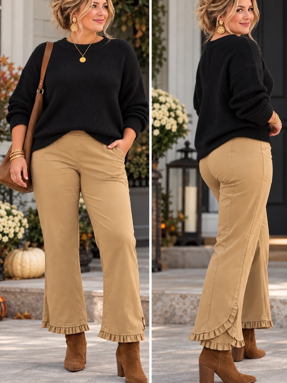 Crown & Ivy Beige Tan Ruffle-Hem Wide-Leg Pants- Size 16
